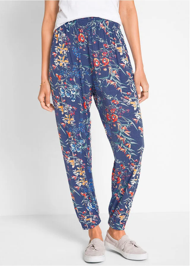 Pantalón bombacho de viscosa sostenible con cintura cómoda índigo con flores
