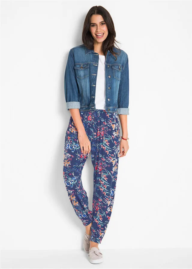 Pantalón bombacho de viscosa sostenible con cintura cómoda índigo con flores