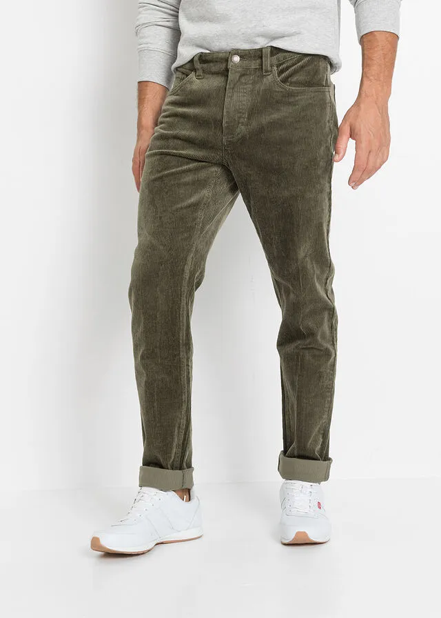 Pantalón de pana elástico de corte clásico Verde oliva oscuro