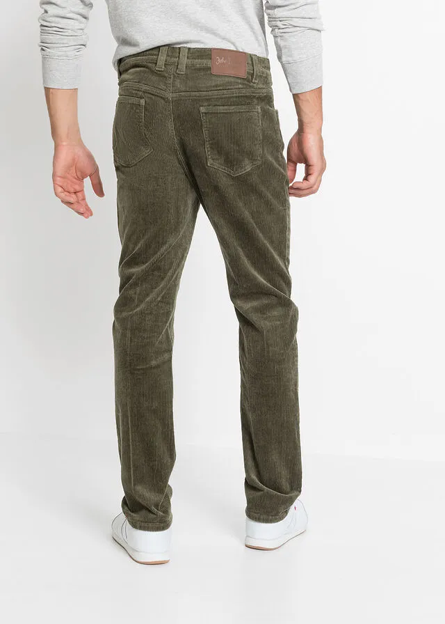 Pantalón de pana elástico de corte clásico Verde oliva oscuro