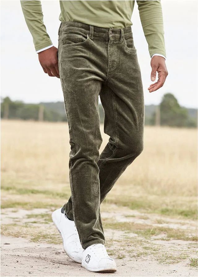 Pantalón de pana elástico de corte clásico Verde oliva oscuro