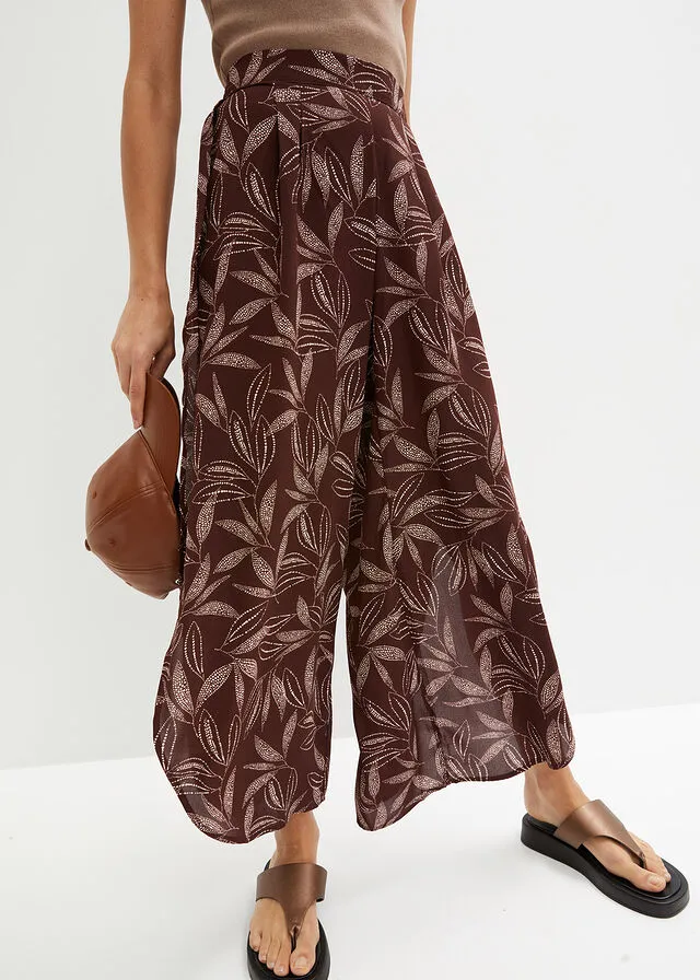 PANTALóN PALAZZO CON ABERTURA MARRóN TIERRABEIGE ARENA ESTAMPADO