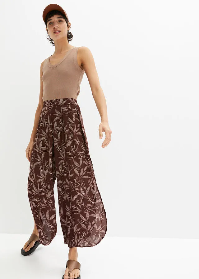 PANTALóN PALAZZO CON ABERTURA MARRóN TIERRABEIGE ARENA ESTAMPADO