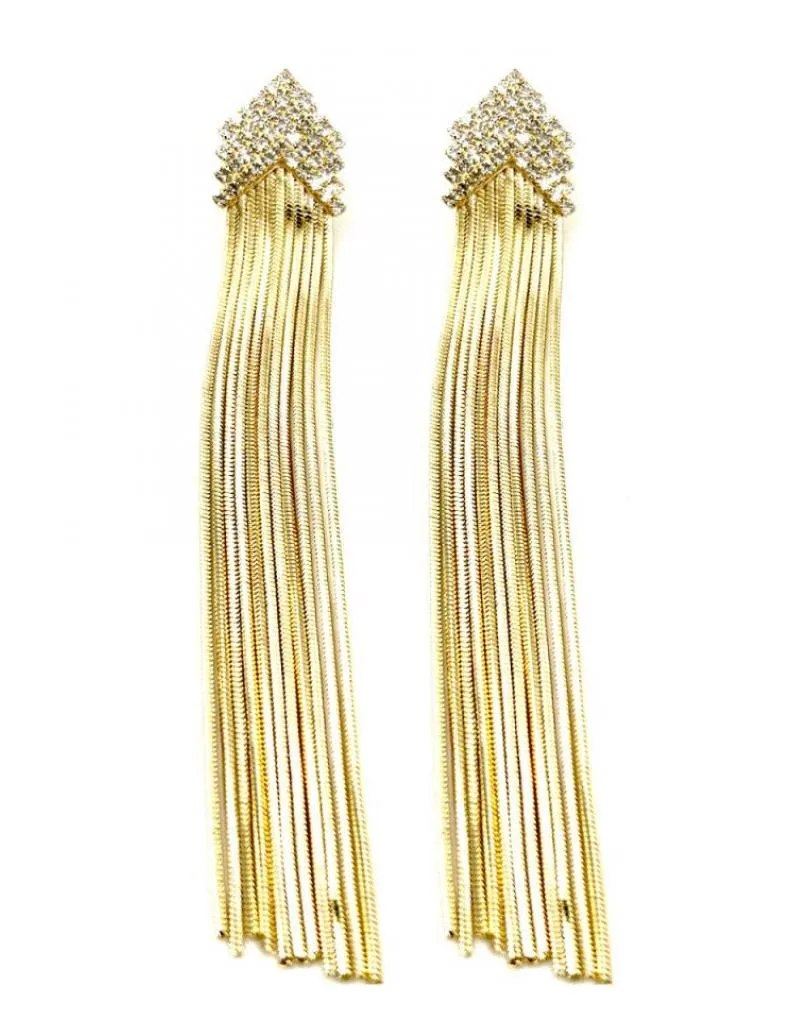 PENDIENTES DORADOS LARGOS CON BRILLO Y CADENITAS PARA BODAS DE NOCHE