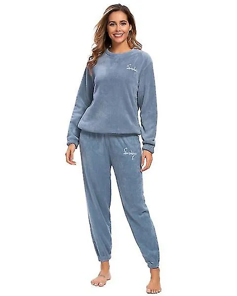 Pijama cálido de invierno más pantalones superiores de lana Cuello redondo Juego de pijamas suaves