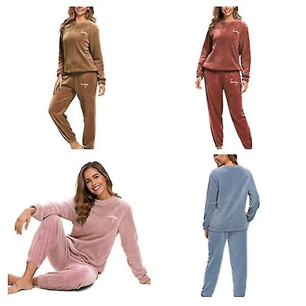 Pijama cálido de invierno más pantalones superiores de lana Cuello redondo Juego de pijamas suaves