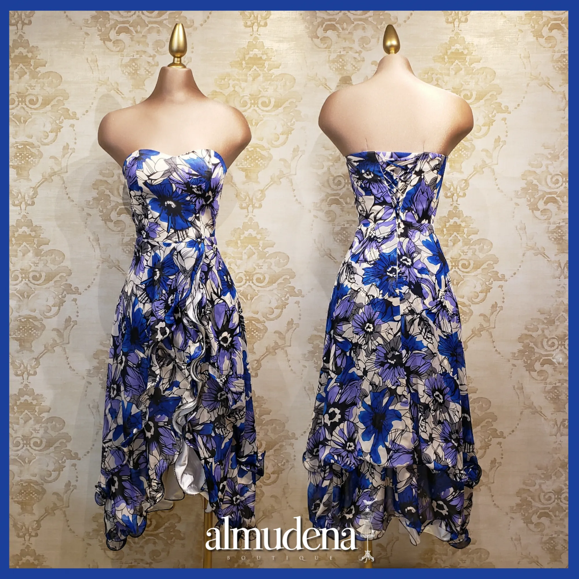 Vestido Azul Largo con Estampado Blanco de Flores