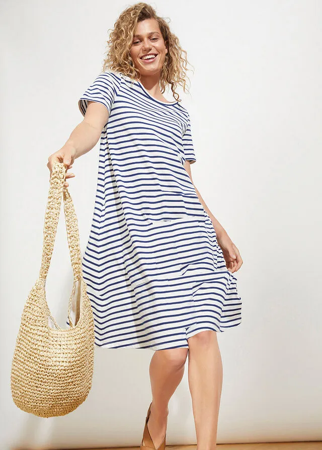 VESTIDO CAMISERO DE HILO FLAMEADO CON BOLSILLOS DE ALGODóN, HASTA LA RODILLA BLANCO LANAAZUL OXFORD DE RAYAS