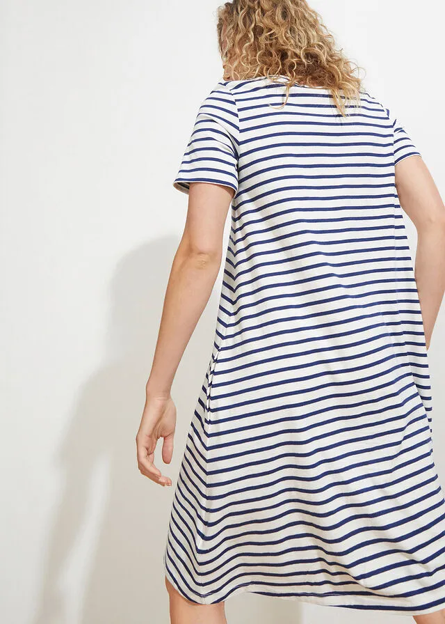 VESTIDO CAMISERO DE HILO FLAMEADO CON BOLSILLOS DE ALGODóN, HASTA LA RODILLA BLANCO LANAAZUL OXFORD DE RAYAS