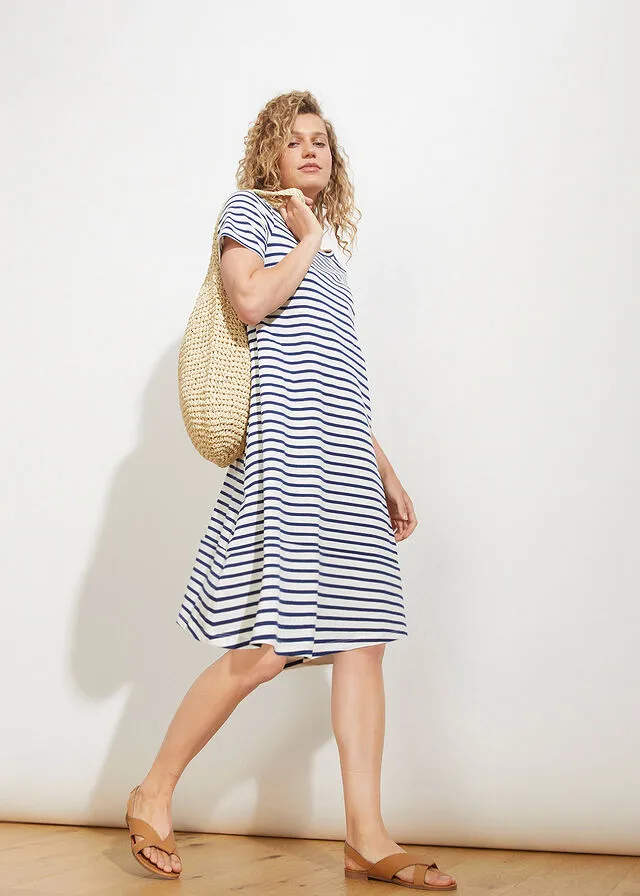 VESTIDO CAMISERO DE HILO FLAMEADO CON BOLSILLOS DE ALGODóN, HASTA LA RODILLA BLANCO LANAAZUL OXFORD DE RAYAS
