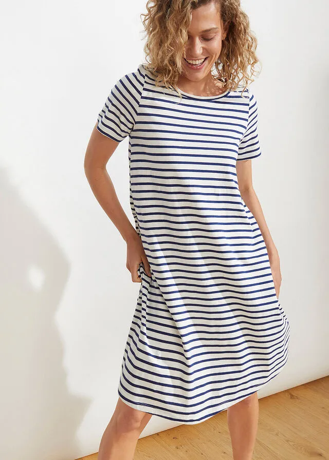 VESTIDO CAMISERO DE HILO FLAMEADO CON BOLSILLOS DE ALGODóN, HASTA LA RODILLA BLANCO LANAAZUL OXFORD DE RAYAS