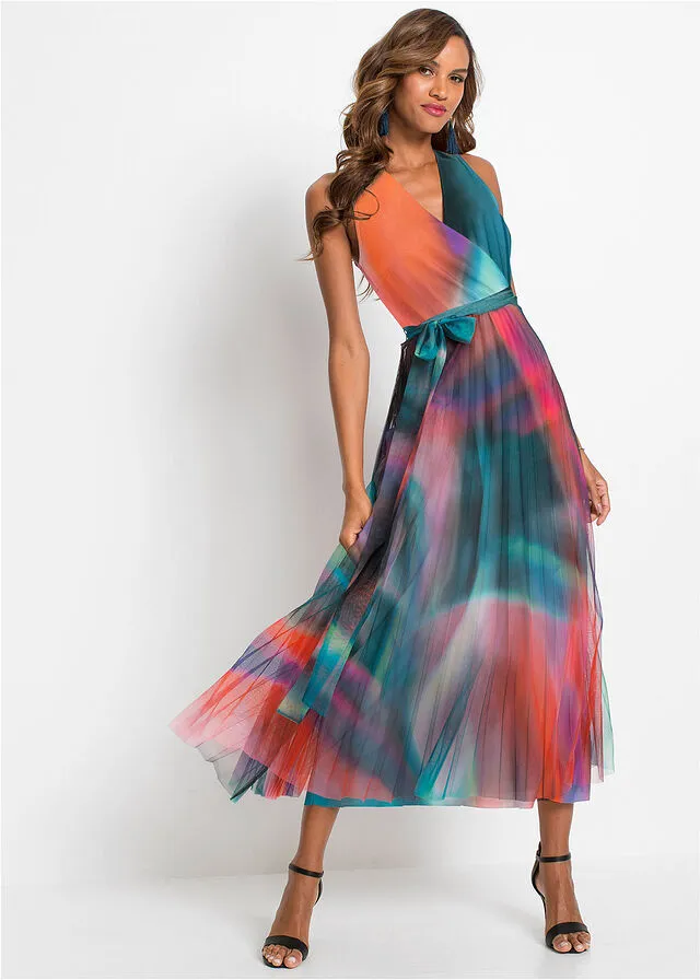 VESTIDO CRUZADO COLORIDO VERDE OSCURONARANJALILA ESTAMPADO