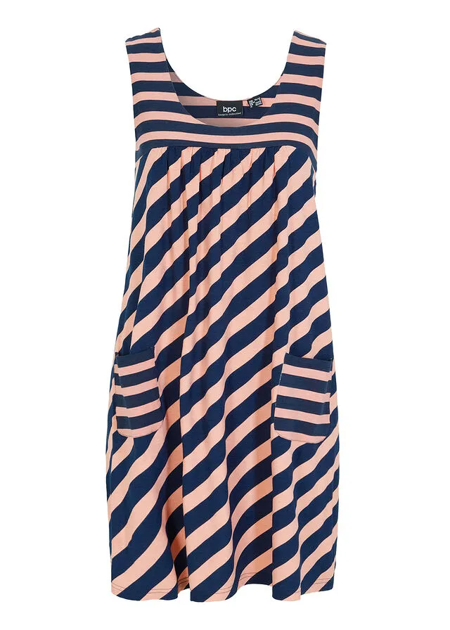 Vestido de punto corto de viscosa con bolsillos salmón / azul marino con rayas