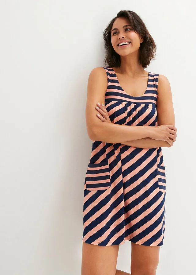 Vestido de punto corto de viscosa con bolsillos salmón / azul marino con rayas