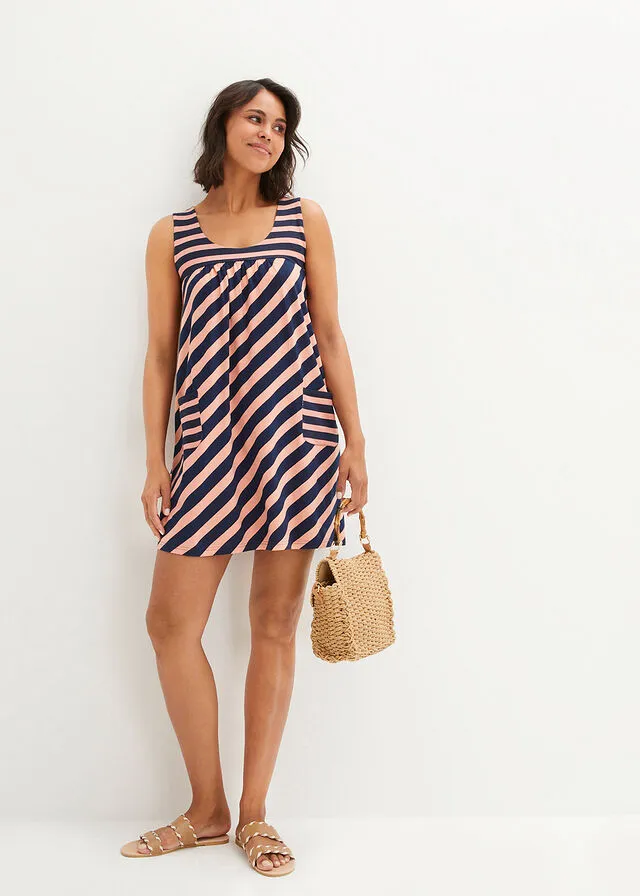 Vestido de punto corto de viscosa con bolsillos salmón / azul marino con rayas
