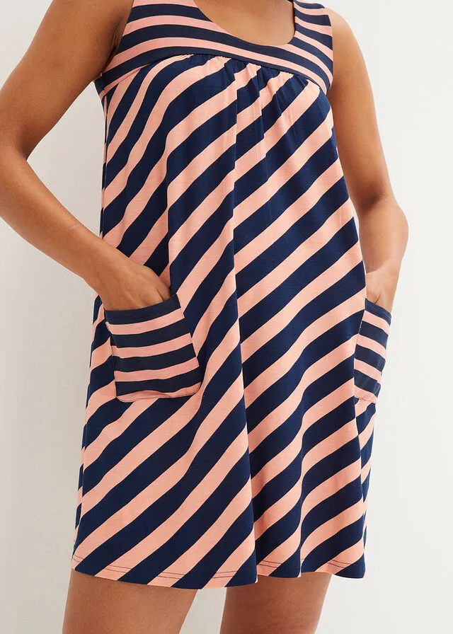 Vestido de punto corto de viscosa con bolsillos salmón / azul marino con rayas